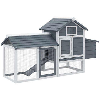 Wooden Chicken Coop Outdoor Cage for 2-3 Chickens with 2 Wire Pens Openable Roof Nest Box Removable Tray and Ramp 150.5x54x87 cm Gray