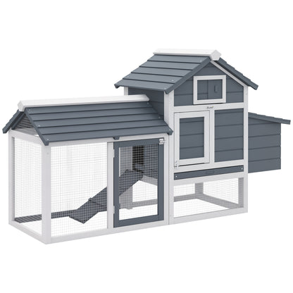 Wooden Chicken Coop Outdoor Cage for 2-3 Chickens with 2 Wire Pens Openable Roof Nest Box Removable Tray and Ramp 150.5x54x87 cm Gray