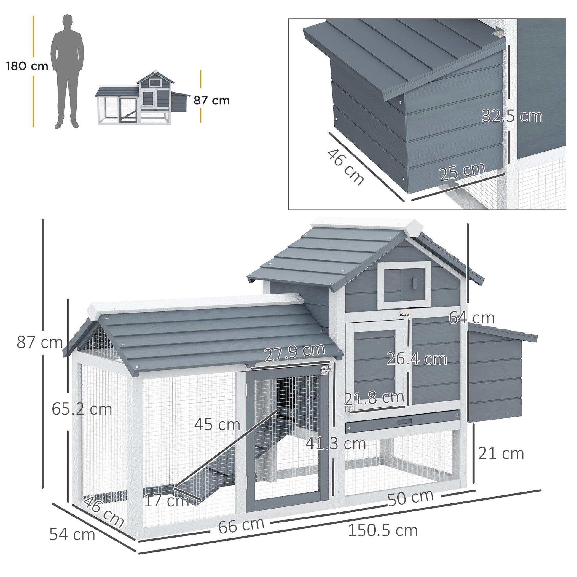 Wooden Chicken Coop Outdoor Cage for 2-3 Chickens with 2 Wire Pens Openable Roof Nest Box Removable Tray and Ramp 150.5x54x87 cm Gray
