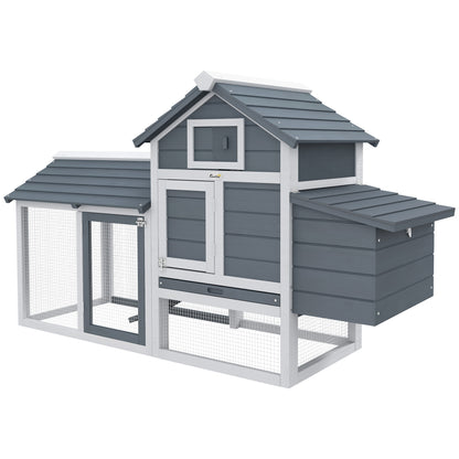 Wooden Chicken Coop Outdoor Cage for 2-3 Chickens with 2 Wire Pens Openable Roof Nest Box Removable Tray and Ramp 150.5x54x87 cm Gray