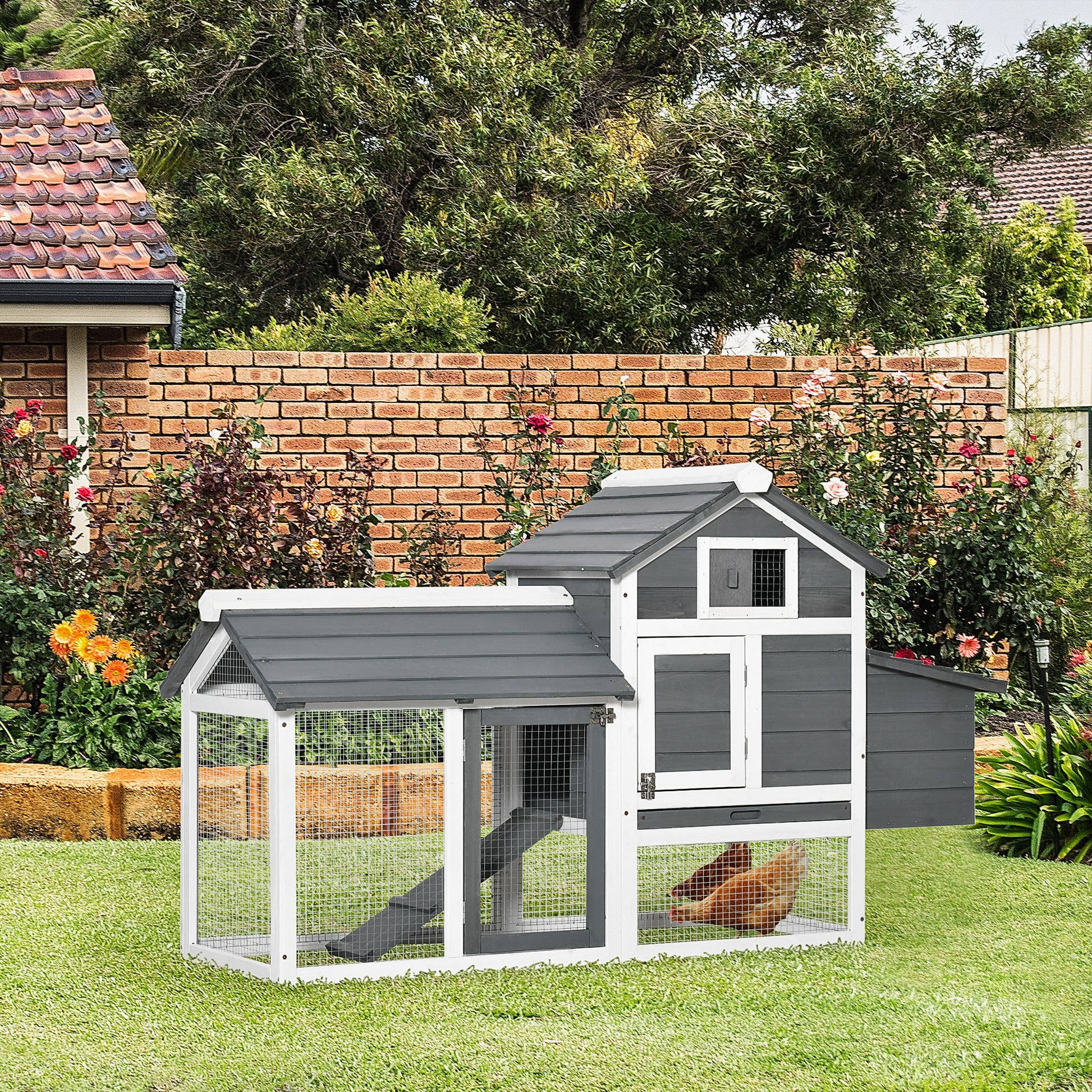 Wooden Chicken Coop Outdoor Cage for 2-3 Chickens with 2 Wire Pens Openable Roof Nest Box Removable Tray and Ramp 150.5x54x87 cm Gray
