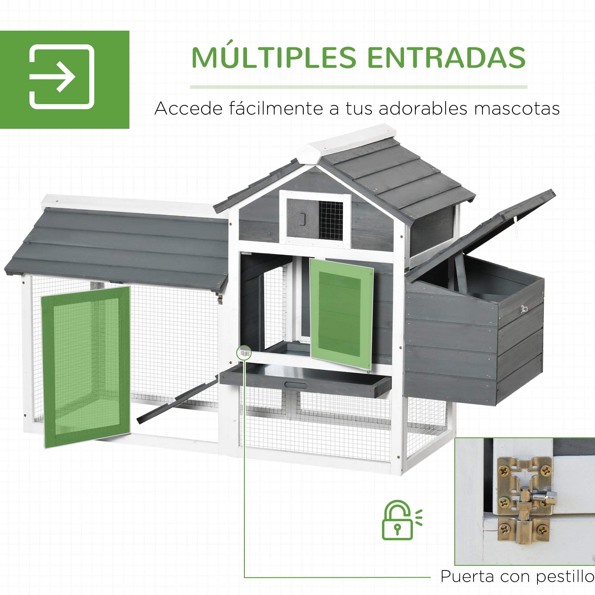 Wooden Chicken Coop Outdoor Cage for 2-3 Chickens with 2 Wire Pens Openable Roof Nest Box Removable Tray and Ramp 150.5x54x87 cm Gray