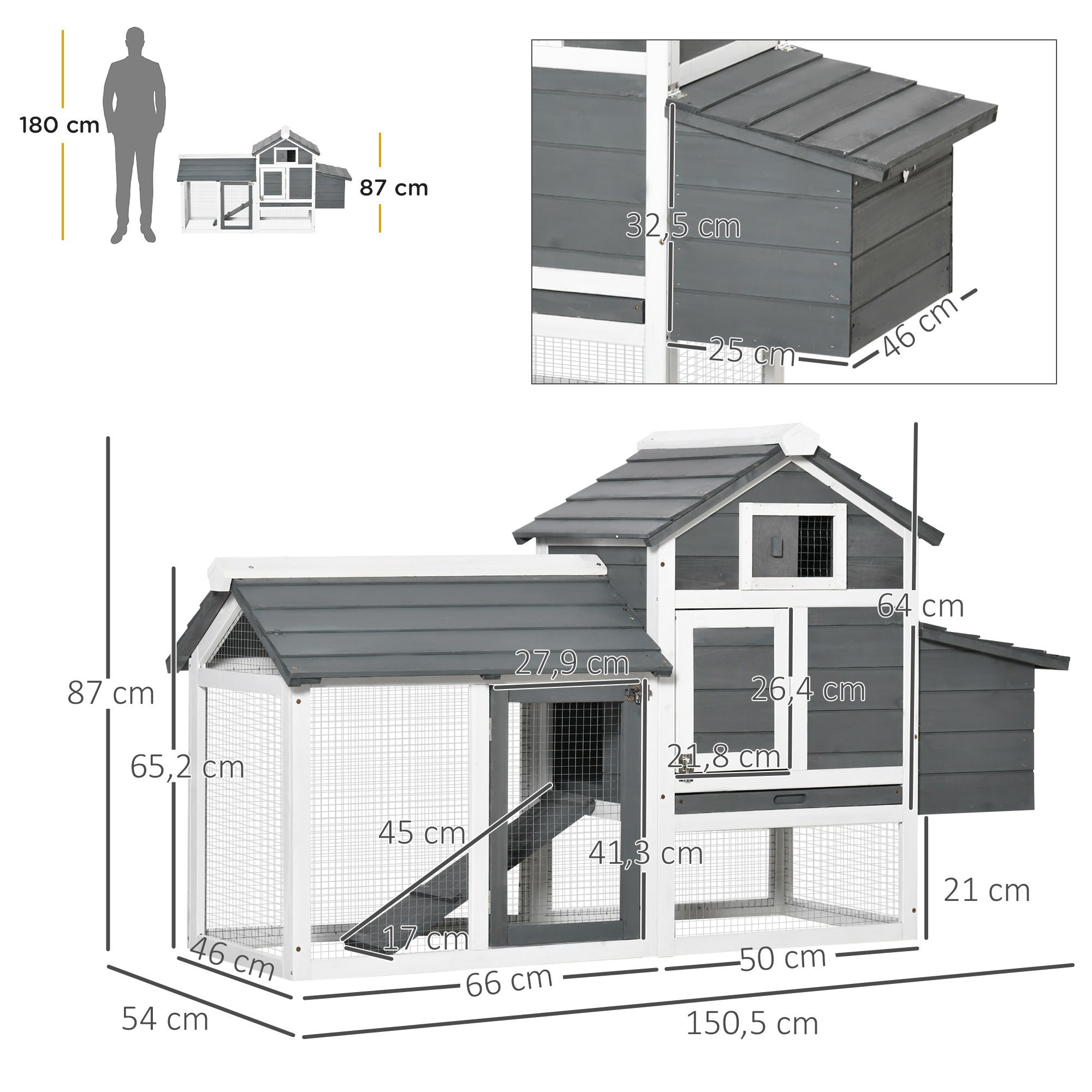 Wooden Chicken Coop Outdoor Cage for 2-3 Chickens with 2 Wire Pens Openable Roof Nest Box Removable Tray and Ramp 150.5x54x87 cm Gray