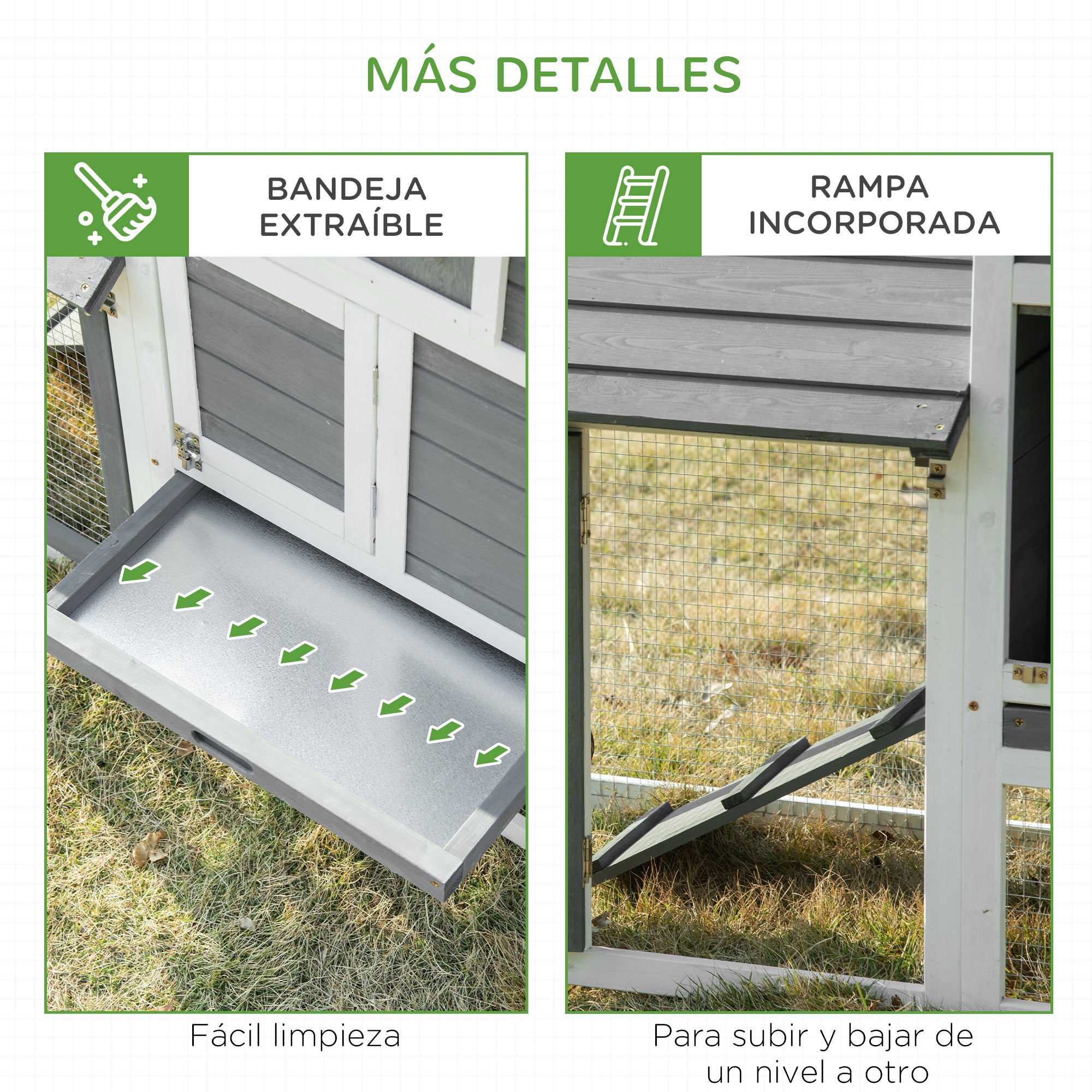 Wooden Chicken Coop Outdoor Cage for 2-3 Chickens with 2 Wire Pens Openable Roof Nest Box Removable Tray and Ramp 150.5x54x87 cm Gray