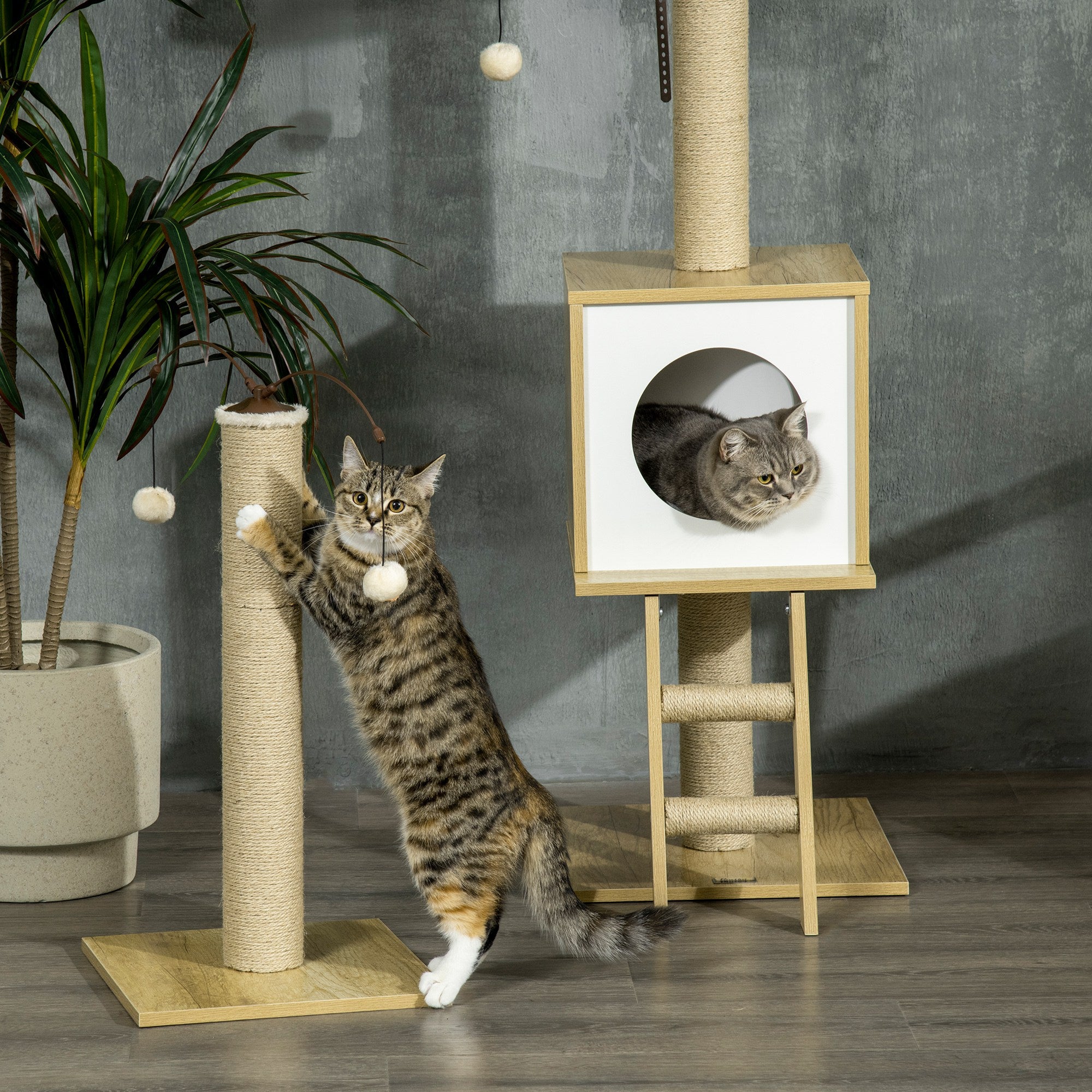 Floor-to-Ceiling Cat Tree 225-285 cm Small Cat Tree with Adjustable Height Platforms Hammock Condo Sisal Post Ramp and Play Balls 40x40x225-285 cm Beige