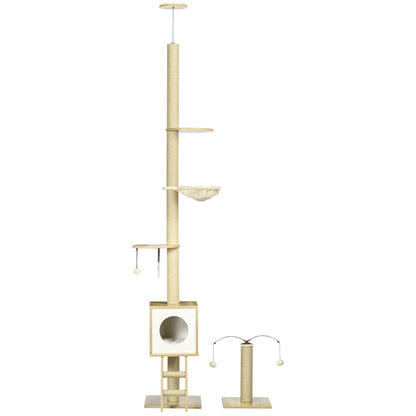 Floor-to-Ceiling Cat Tree 225-285 cm Small Cat Tree with Adjustable Height Platforms Hammock Condo Sisal Post Ramp and Play Balls 40x40x225-285 cm Beige