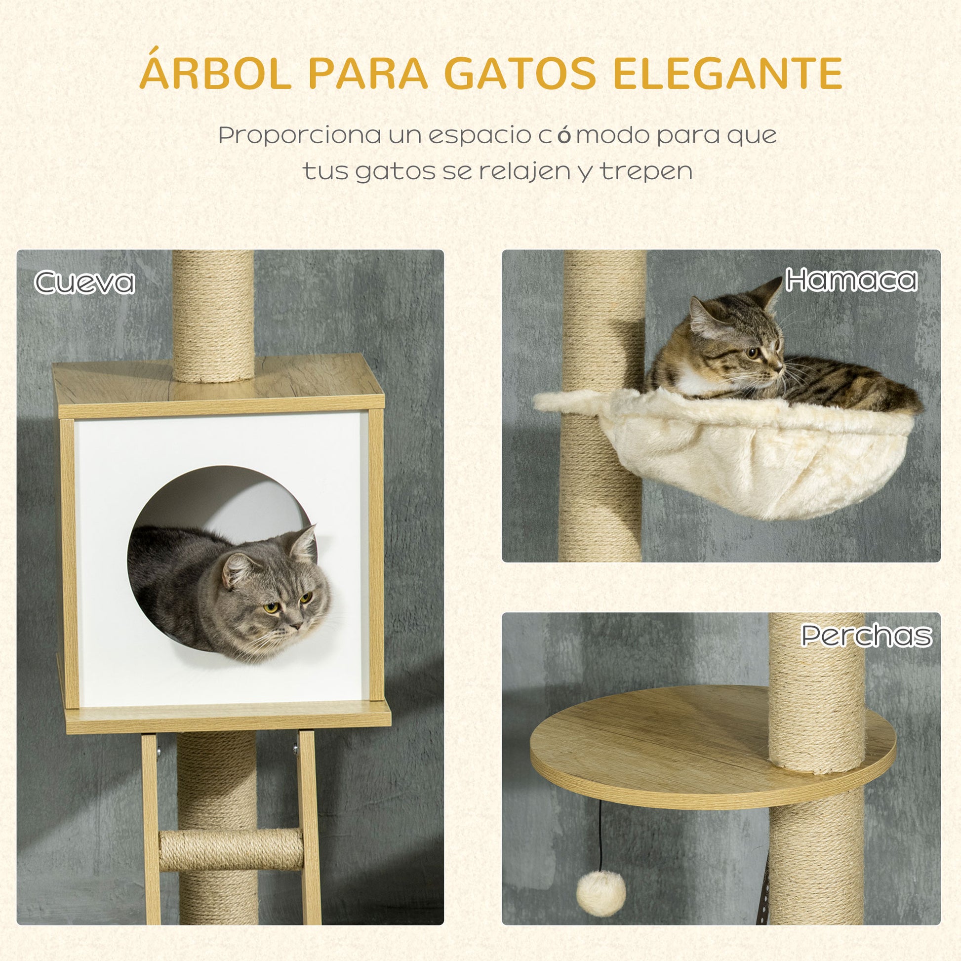 Floor-to-Ceiling Cat Tree 225-285 cm Small Cat Tree with Adjustable Height Platforms Hammock Condo Sisal Post Ramp and Play Balls 40x40x225-285 cm Beige