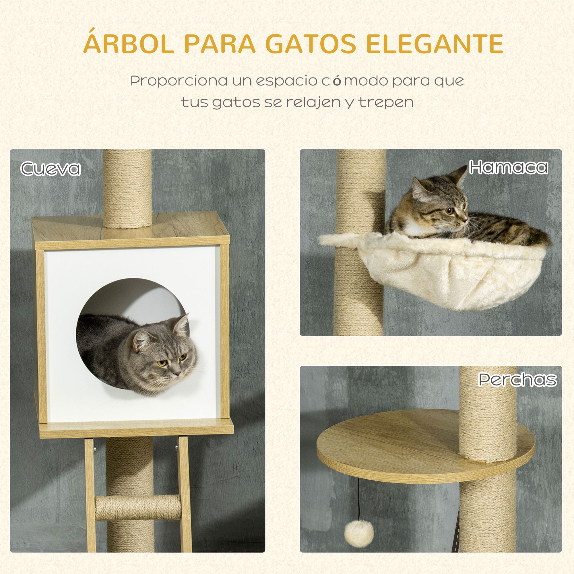 Floor-to-Ceiling Cat Tree 225-285 cm Small Cat Tree with Adjustable Height Platforms Hammock Condo Sisal Post Ramp and Play Balls 40x40x225-285 cm Beige
