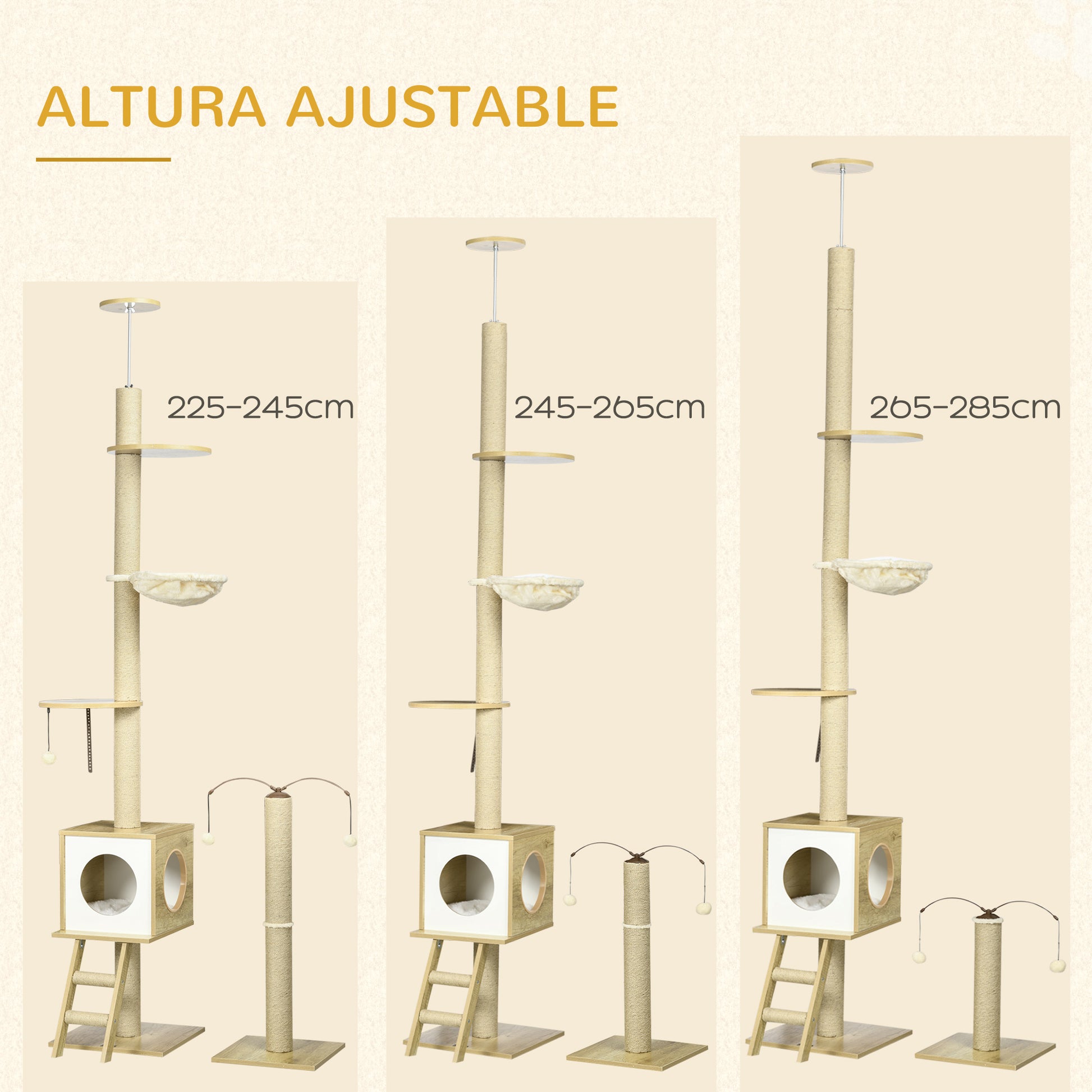 Floor-to-Ceiling Cat Tree 225-285 cm Small Cat Tree with Adjustable Height Platforms Hammock Condo Sisal Post Ramp and Play Balls 40x40x225-285 cm Beige