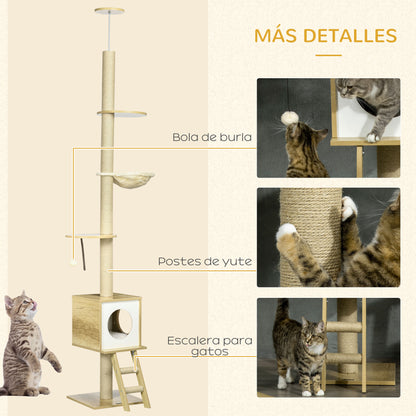 Floor-to-Ceiling Cat Tree 225-285 cm Small Cat Tree with Adjustable Height Platforms Hammock Condo Sisal Post Ramp and Play Balls 40x40x225-285 cm Beige