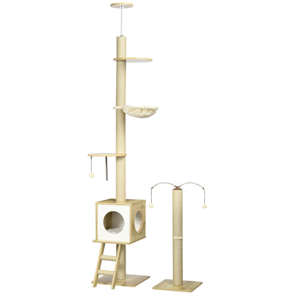 Floor-to-Ceiling Cat Tree 225-285 cm Small Cat Tree with Adjustable Height Platforms Hammock Condo Sisal Post Ramp and Play Balls 40x40x225-285 cm Beige