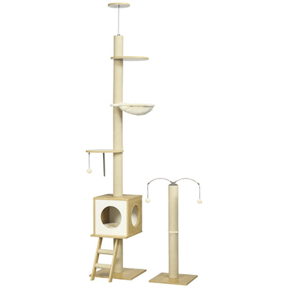 Floor-to-Ceiling Cat Tree 225-285 cm Small Cat Tree with Adjustable Height Platforms Hammock Condo Sisal Post Ramp and Play Balls 40x40x225-285 cm Beige