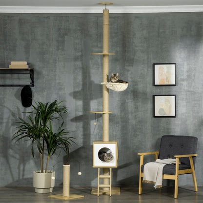 Floor-to-Ceiling Cat Tree 225-285 cm Small Cat Tree with Adjustable Height Platforms Hammock Condo Sisal Post Ramp and Play Balls 40x40x225-285 cm Beige