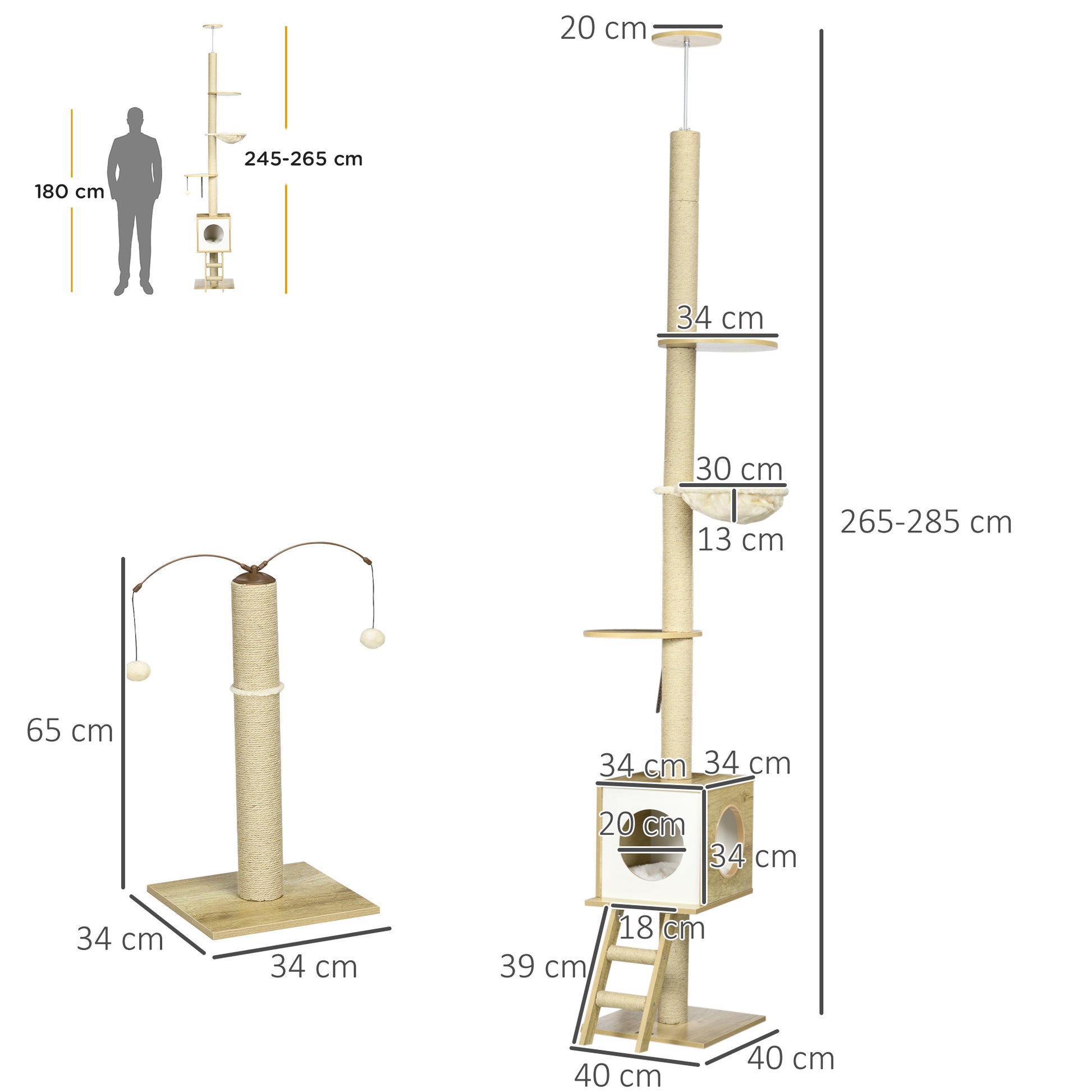 Floor-to-Ceiling Cat Tree 225-285 cm Small Cat Tree with Adjustable Height Platforms Hammock Condo Sisal Post Ramp and Play Balls 40x40x225-285 cm Beige