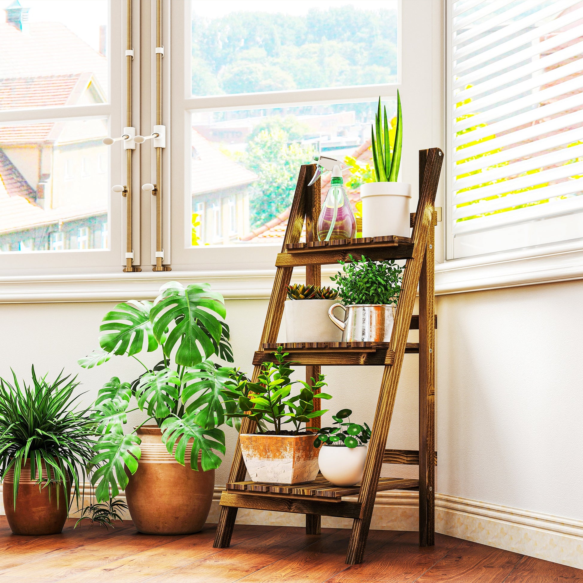 3 Tier Wooden Plant Stand Foldable Plant Shelf for Indoor and Outdoor Terrace Garden Balcony 40x37x93 cm Natural