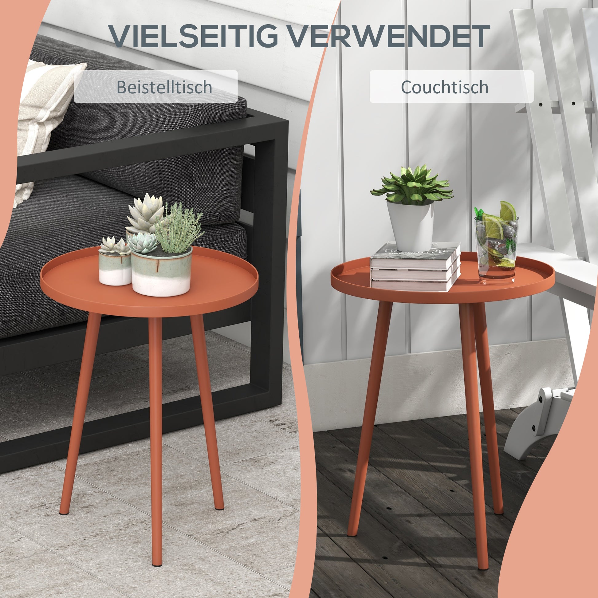 Garden Side Table, weatherproof outdoor table with raised edge, steel balcony table, round coffee table loadable up to 20kg, Ø40x50H cm, coffee table for outdoor indoor balcony terrace Red