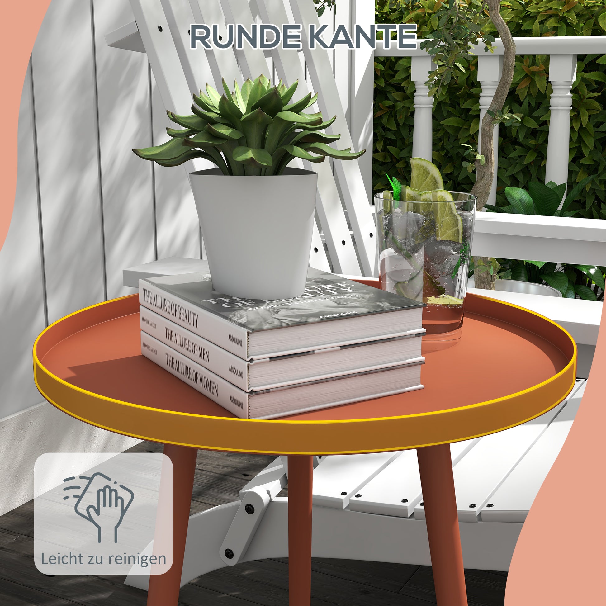 Garden Side Table, weatherproof outdoor table with raised edge, steel balcony table, round coffee table loadable up to 20kg, Ø40x50H cm, coffee table for outdoor indoor balcony terrace Red