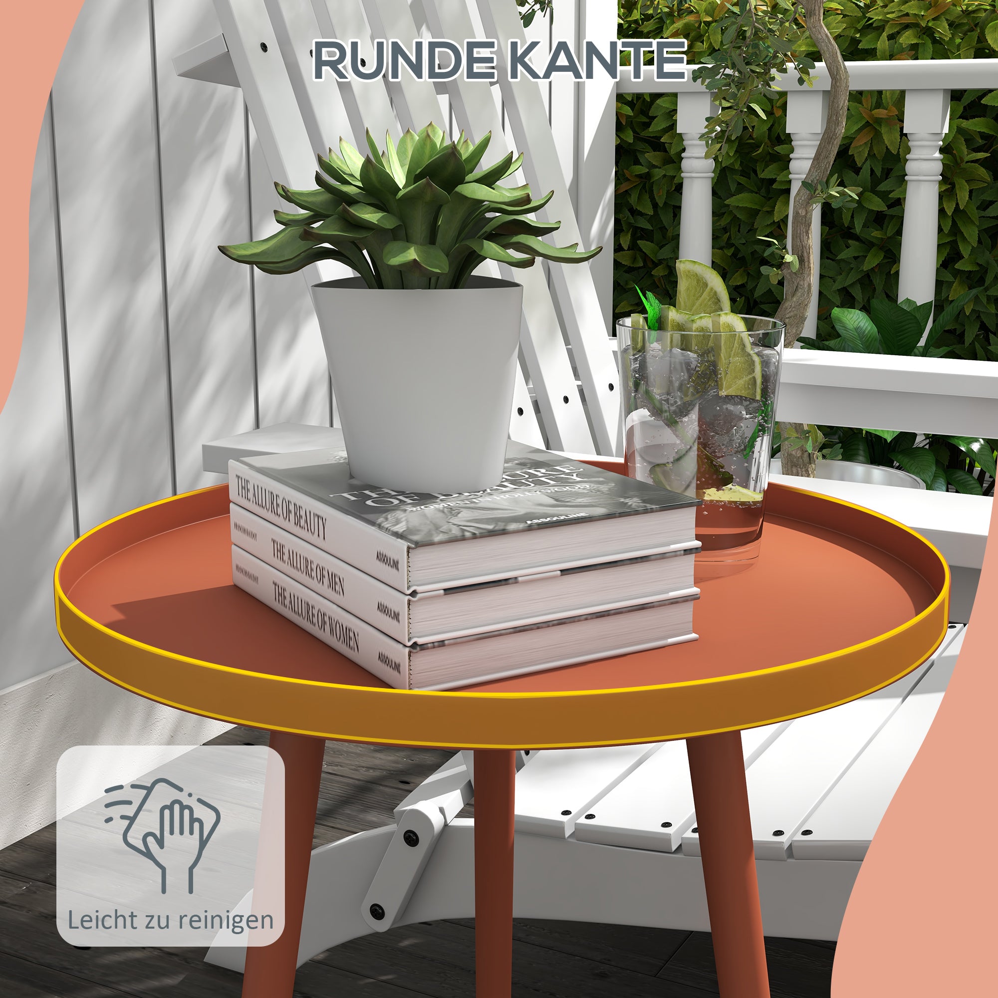 Garden Side Table, weatherproof outdoor table with raised edge, steel balcony table, round coffee table loadable up to 20kg, Ø40x50H cm, coffee table for outdoor indoor balcony terrace Red