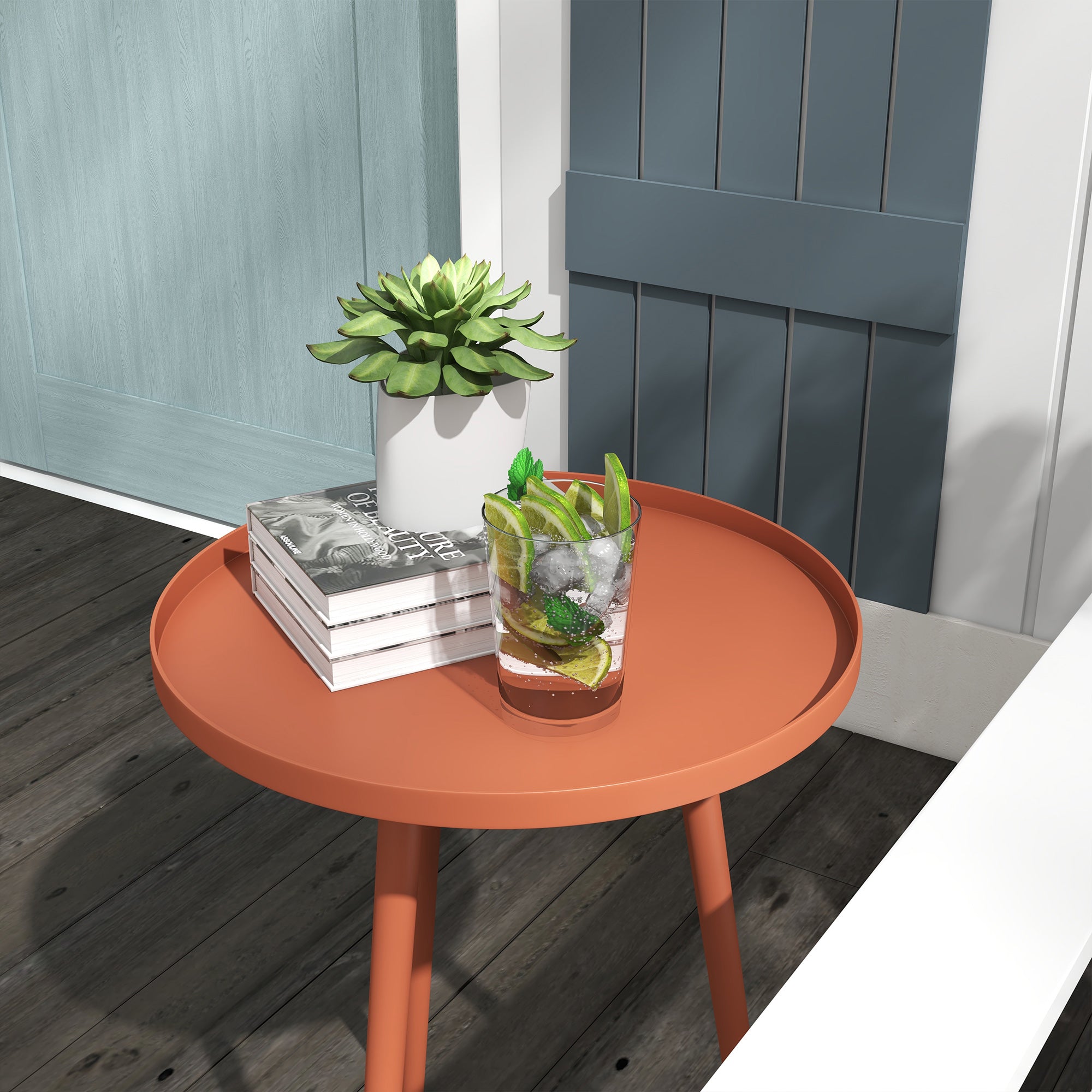 Garden Side Table, weatherproof outdoor table with raised edge, steel balcony table, round coffee table loadable up to 20kg, Ø40x50H cm, coffee table for outdoor indoor balcony terrace Red