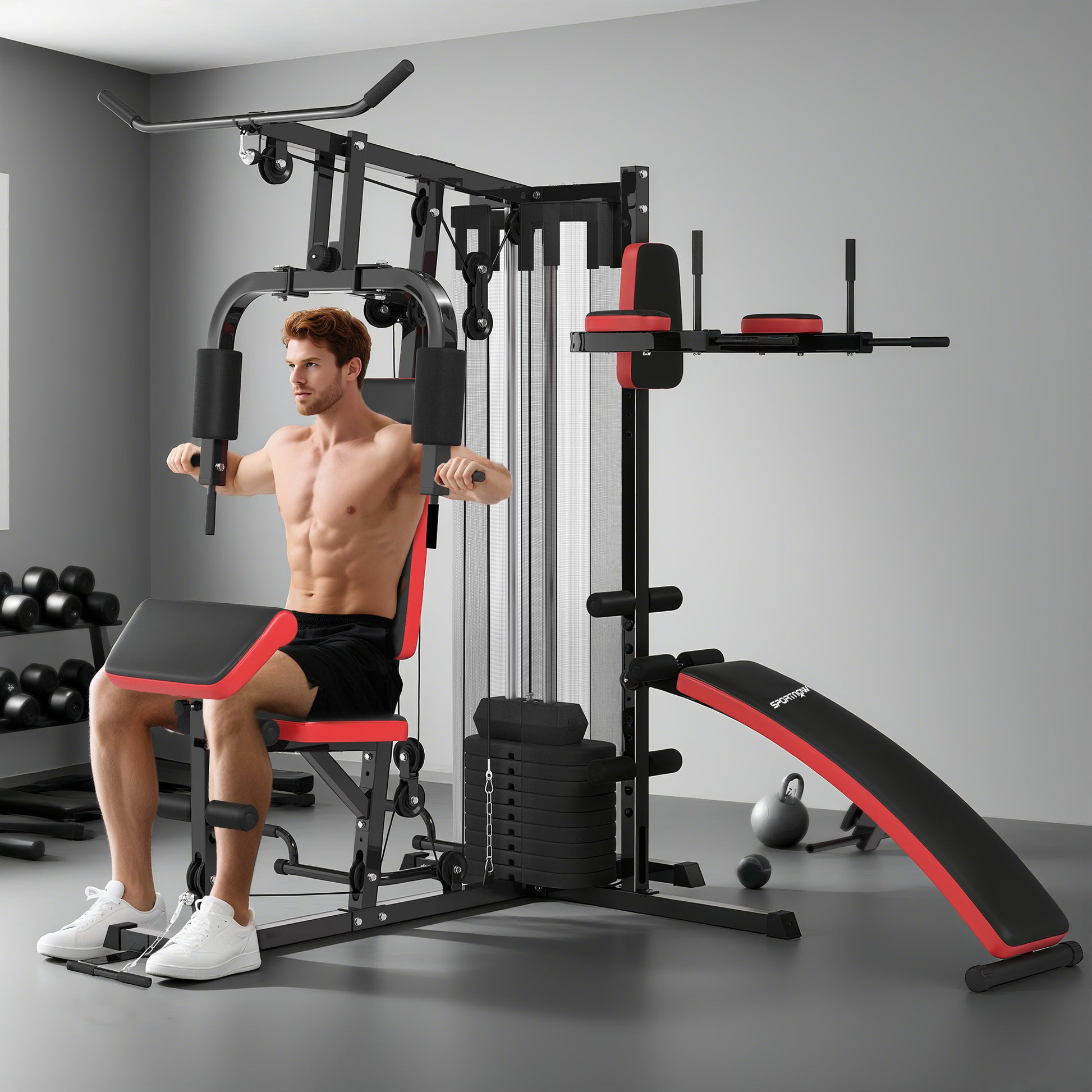 SPORTNOW Adjustable multifunctional weight training station fitness bench 10 weights 65 kg with protective net home fitness equipment black
