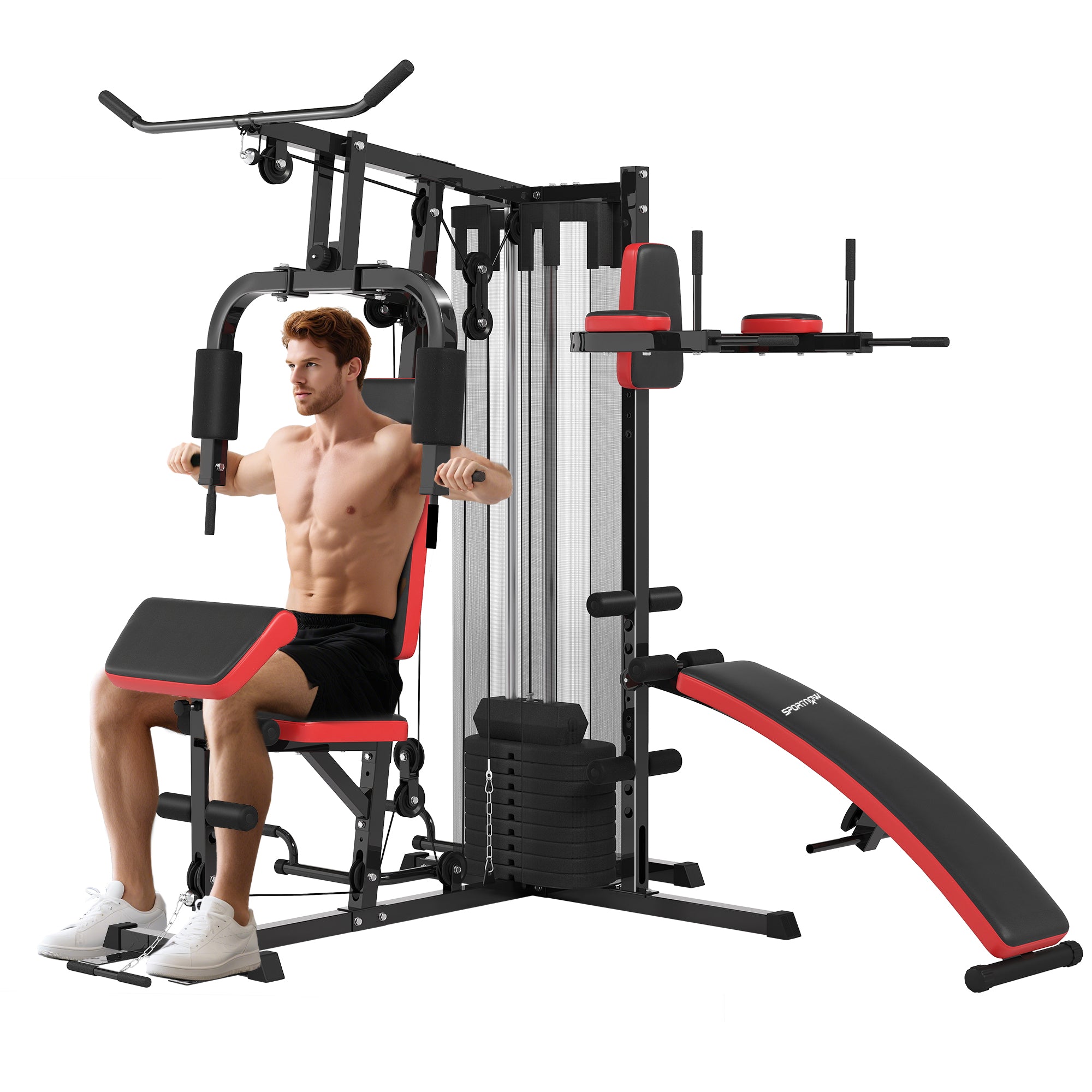 SPORTNOW Adjustable multifunctional weight training station fitness bench 10 weights 65 kg with protective net home fitness equipment black
