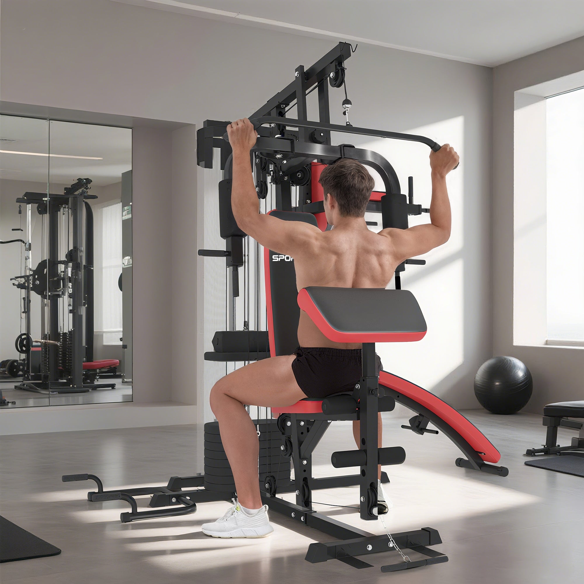 SPORTNOW Adjustable multifunctional weight training station fitness bench 10 weights 65 kg with protective net home fitness equipment black