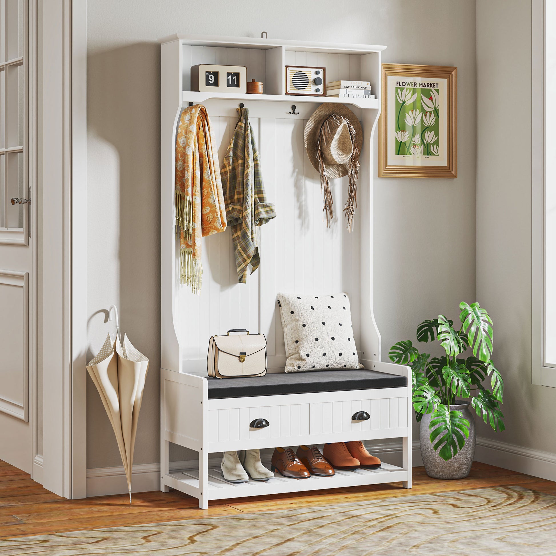 2-in-1 Coat Stand, Clothes Rack with 4 Hooks, Wardrobe with Shoe Bench and Shelves, Coat Stand with Anti-Tip Protection, for Entrance Area, Hallway, Bedroom, White+Gray
