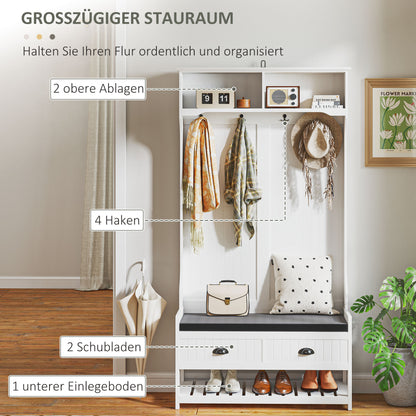 2-in-1 Coat Stand, Clothes Rack with 4 Hooks, Wardrobe with Shoe Bench and Shelves, Coat Stand with Anti-Tip Protection, for Entrance Area, Hallway, Bedroom, White+Gray