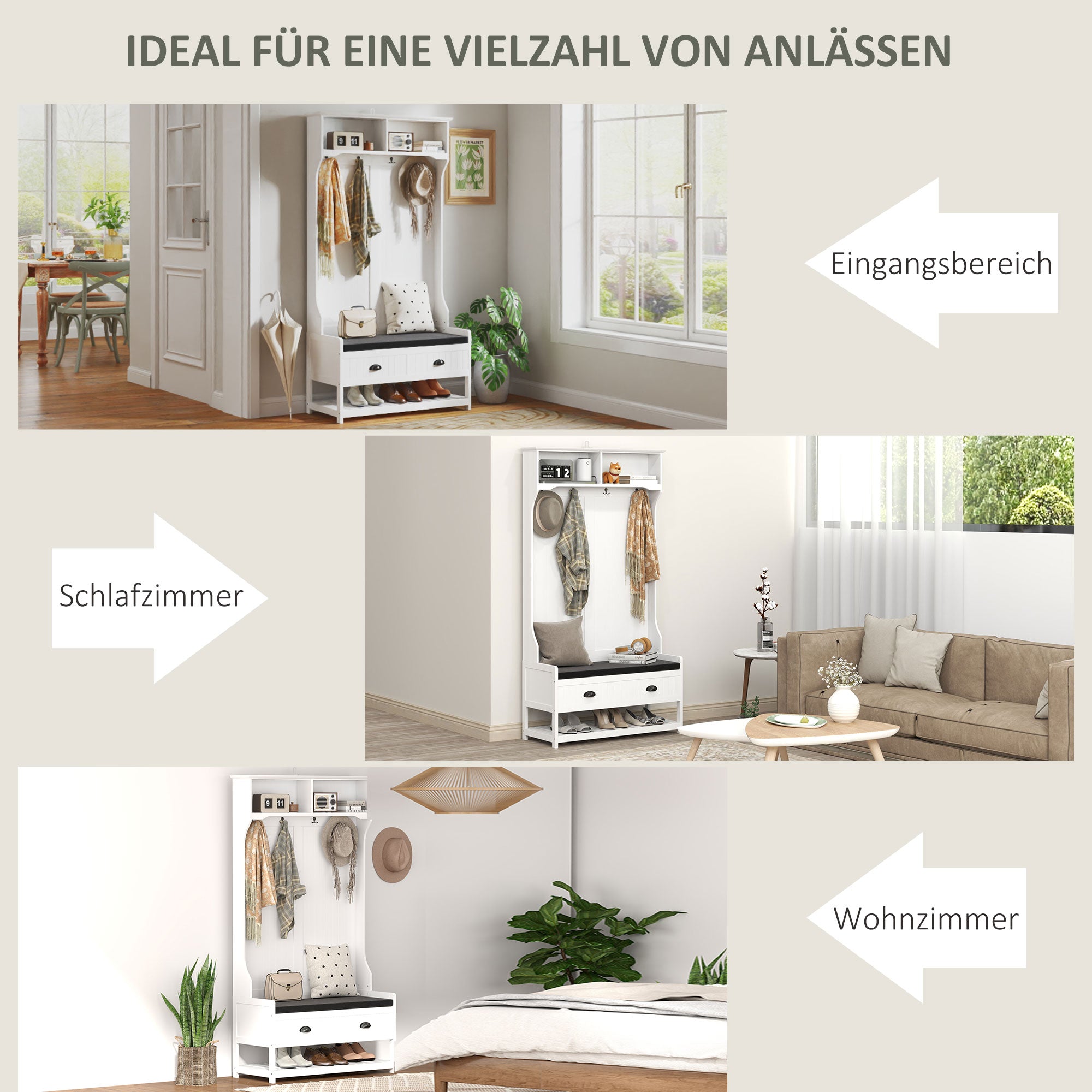 2-in-1 Coat Stand, Clothes Rack with 4 Hooks, Wardrobe with Shoe Bench and Shelves, Coat Stand with Anti-Tip Protection, for Entrance Area, Hallway, Bedroom, White+Gray