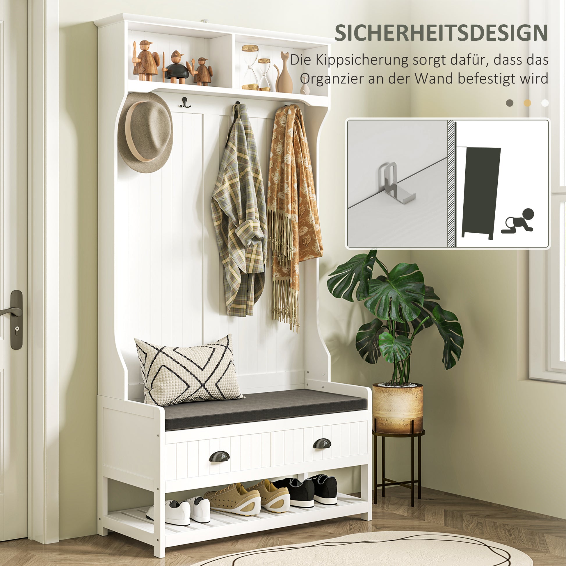 2-in-1 Coat Stand, Clothes Rack with 4 Hooks, Wardrobe with Shoe Bench and Shelves, Coat Stand with Anti-Tip Protection, for Entrance Area, Hallway, Bedroom, White+Gray