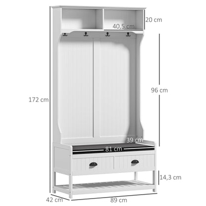 2-in-1 Coat Stand, Clothes Rack with 4 Hooks, Wardrobe with Shoe Bench and Shelves, Coat Stand with Anti-Tip Protection, for Entrance Area, Hallway, Bedroom, White+Gray