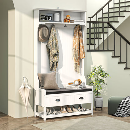 2-in-1 Coat Stand, Clothes Rack with 4 Hooks, Wardrobe with Shoe Bench and Shelves, Coat Stand with Anti-Tip Protection, for Entrance Area, Hallway, Bedroom, White+Gray