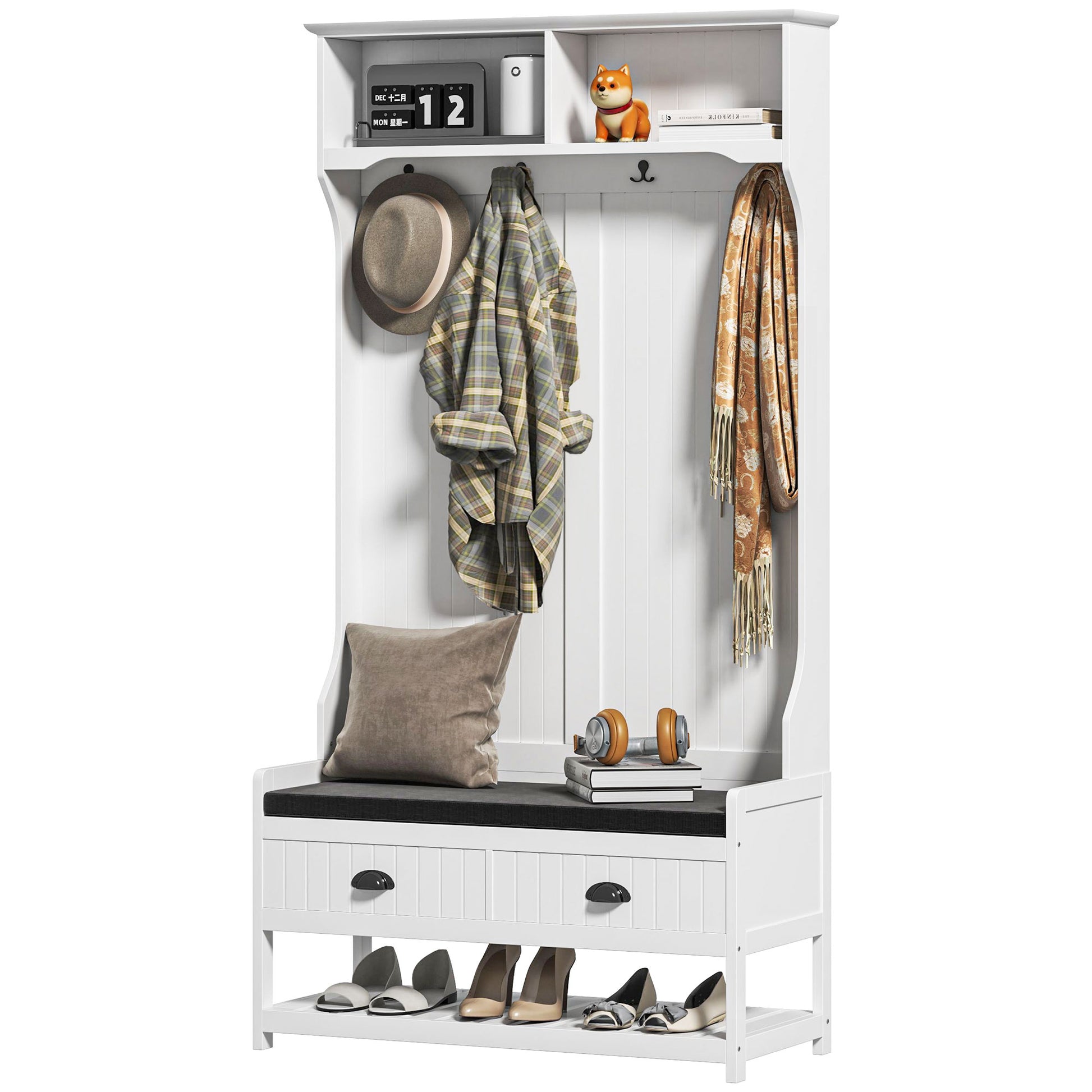2-in-1 Coat Stand, Clothes Rack with 4 Hooks, Wardrobe with Shoe Bench and Shelves, Coat Stand with Anti-Tip Protection, for Entrance Area, Hallway, Bedroom, White+Gray