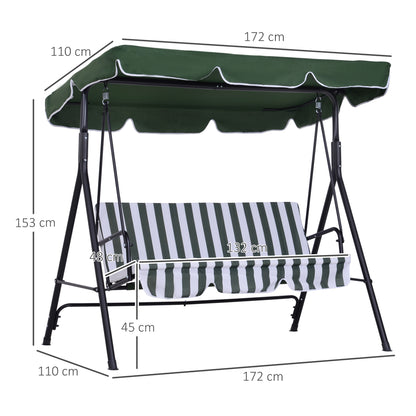 3-Seater Garden Swing with Adjustable Canopy and Steel Frame for Balcony Terrace Patio Load 200 kg 172x110x153 cm Green
