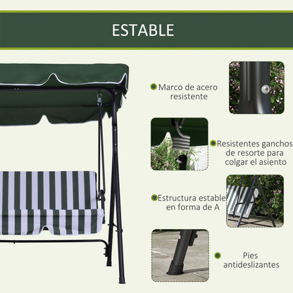3-Seater Garden Swing with Adjustable Canopy and Steel Frame for Balcony Terrace Patio Load 200 kg 172x110x153 cm Green