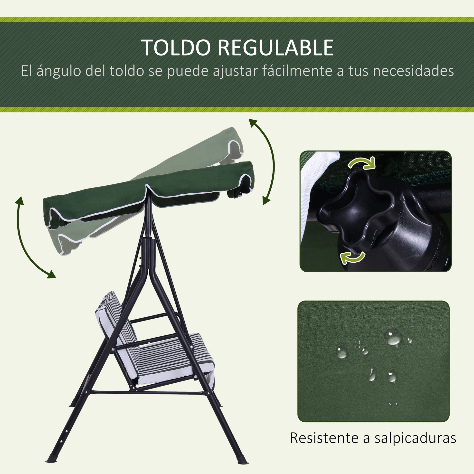 3-Seater Garden Swing with Adjustable Canopy and Steel Frame for Balcony Terrace Patio Load 200 kg 172x110x153 cm Green