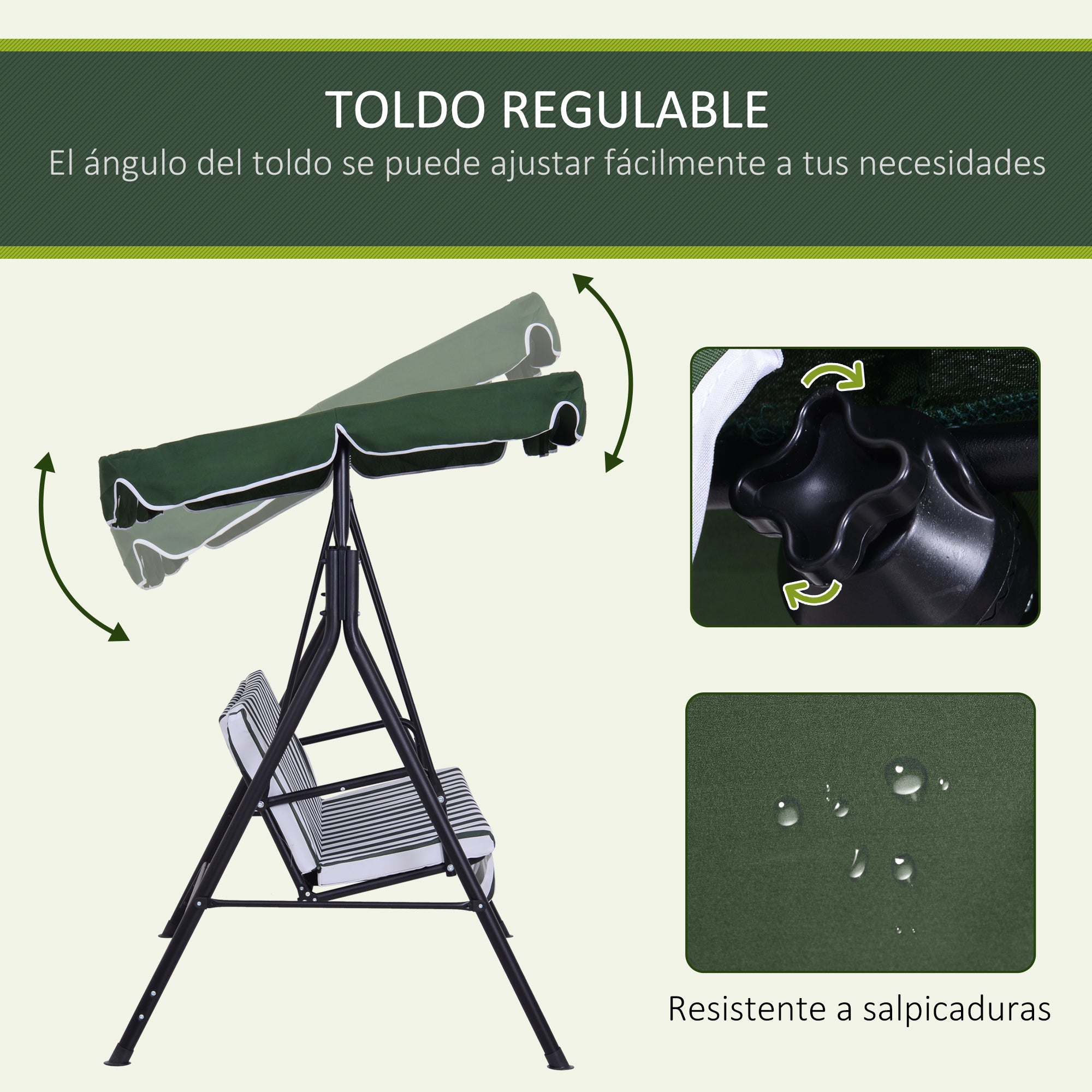 3-Seater Garden Swing with Adjustable Canopy and Steel Frame for Balcony Terrace Patio Load 200 kg 172x110x153 cm Green