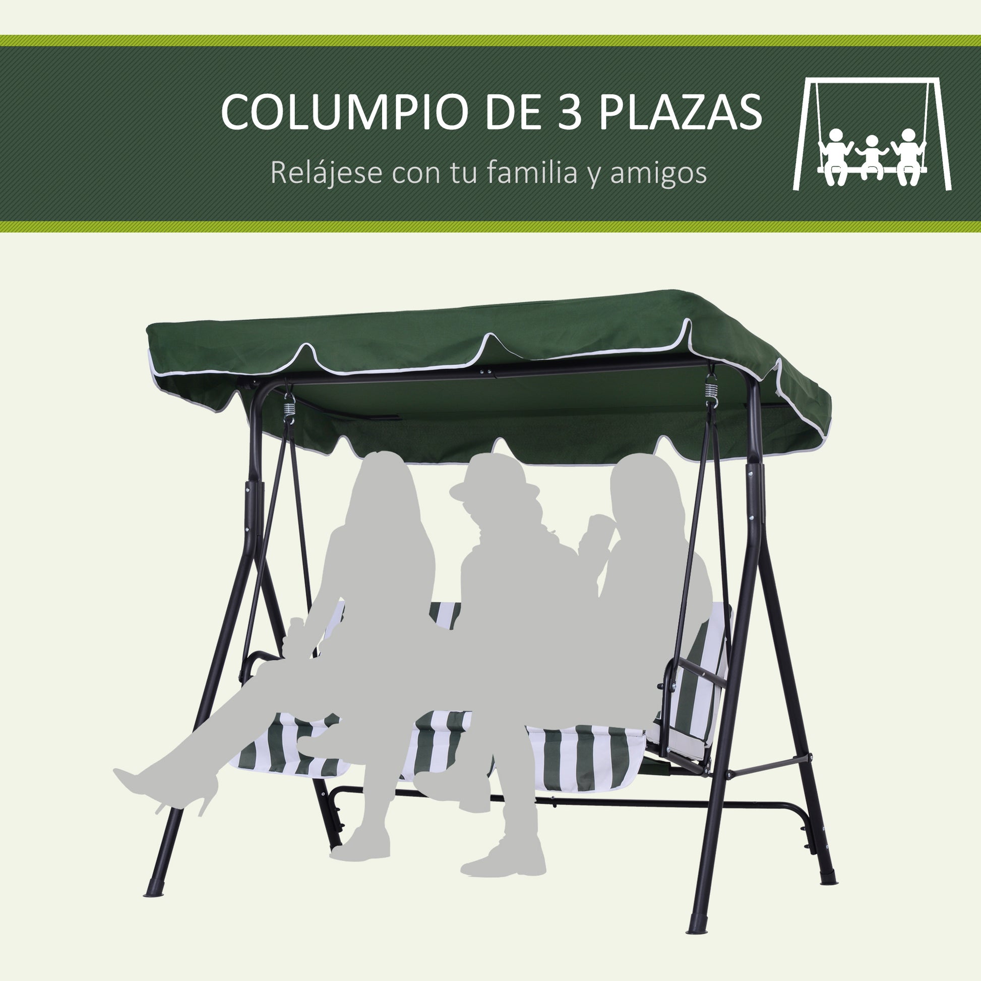 3-Seater Garden Swing with Adjustable Canopy and Steel Frame for Balcony Terrace Patio Load 200 kg 172x110x153 cm Green
