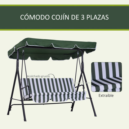 3-Seater Garden Swing with Adjustable Canopy and Steel Frame for Balcony Terrace Patio Load 200 kg 172x110x153 cm Green