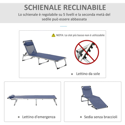 Folding Outdoor Sun Lounger Chair with Headrest, Garden Sun Lounger with Adjustable Backrest in Aluminum 60x165x76cm Dark Blue
