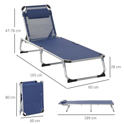 Folding Outdoor Sun Lounger Chair with Headrest, Garden Sun Lounger with Adjustable Backrest in Aluminum 60x165x76cm Dark Blue