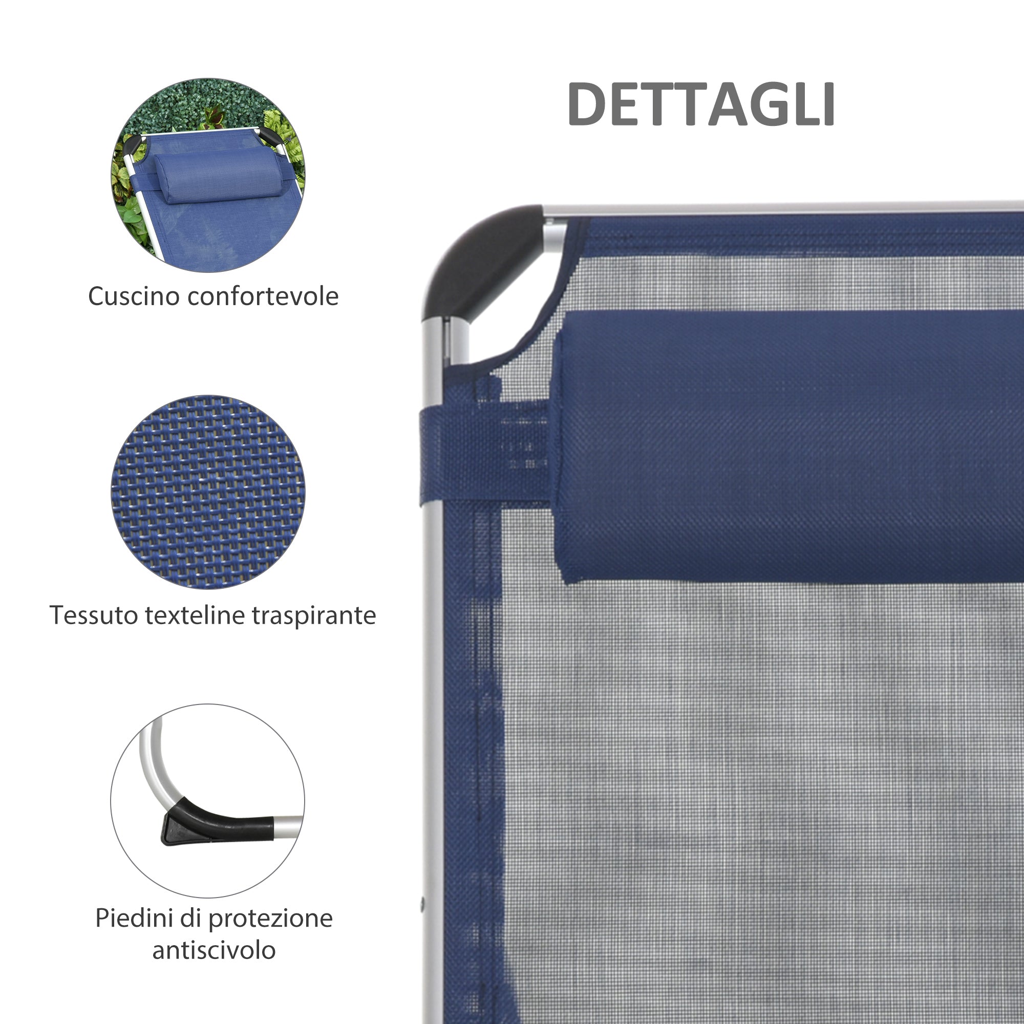 Folding Outdoor Sun Lounger Chair with Headrest, Garden Sun Lounger with Adjustable Backrest in Aluminum 60x165x76cm Dark Blue