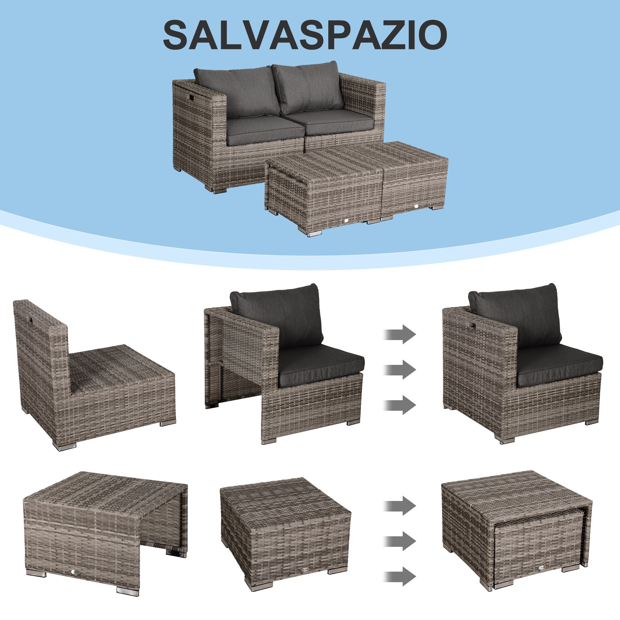 8-Piece PE Rattan Outdoor Lounge Set, Space-Saving Garden Furniture with Armchairs, Coffee Tables, and Ottomans, Gray