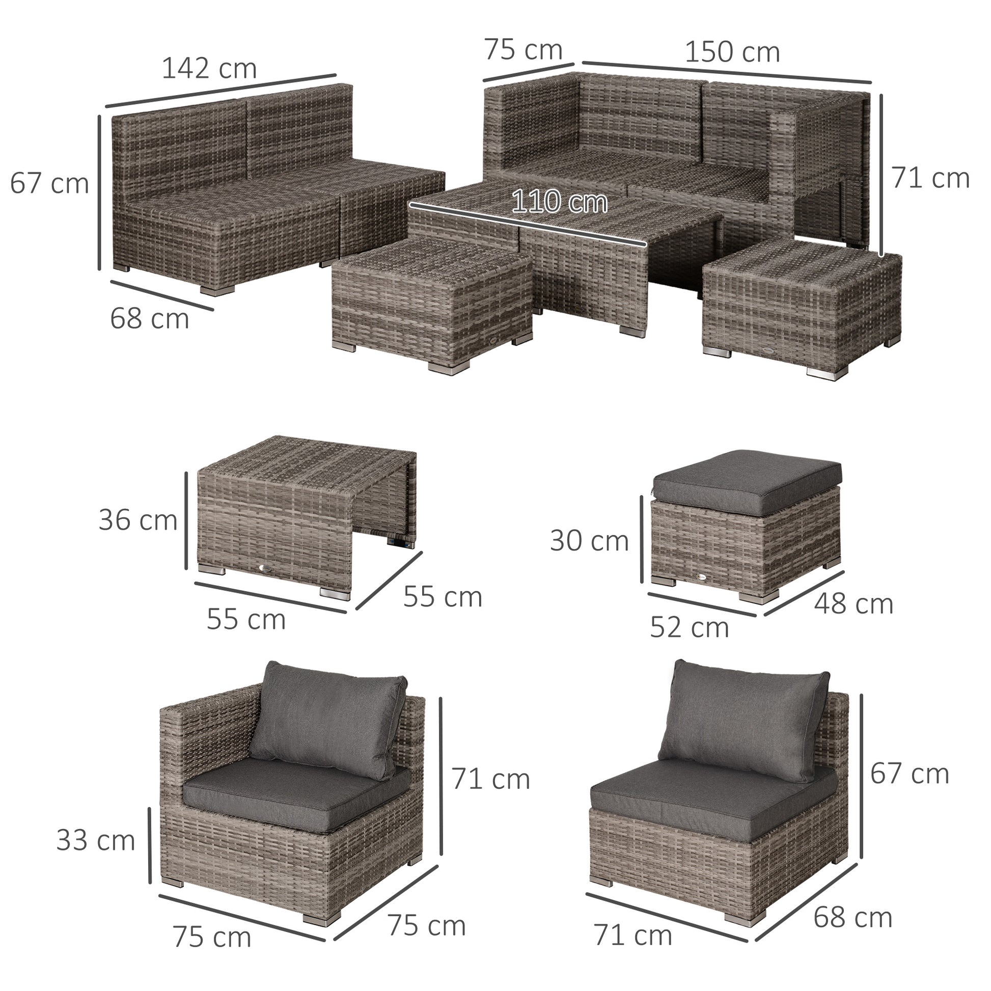 8-Piece PE Rattan Outdoor Lounge Set, Space-Saving Garden Furniture with Armchairs, Coffee Tables, and Ottomans, Gray