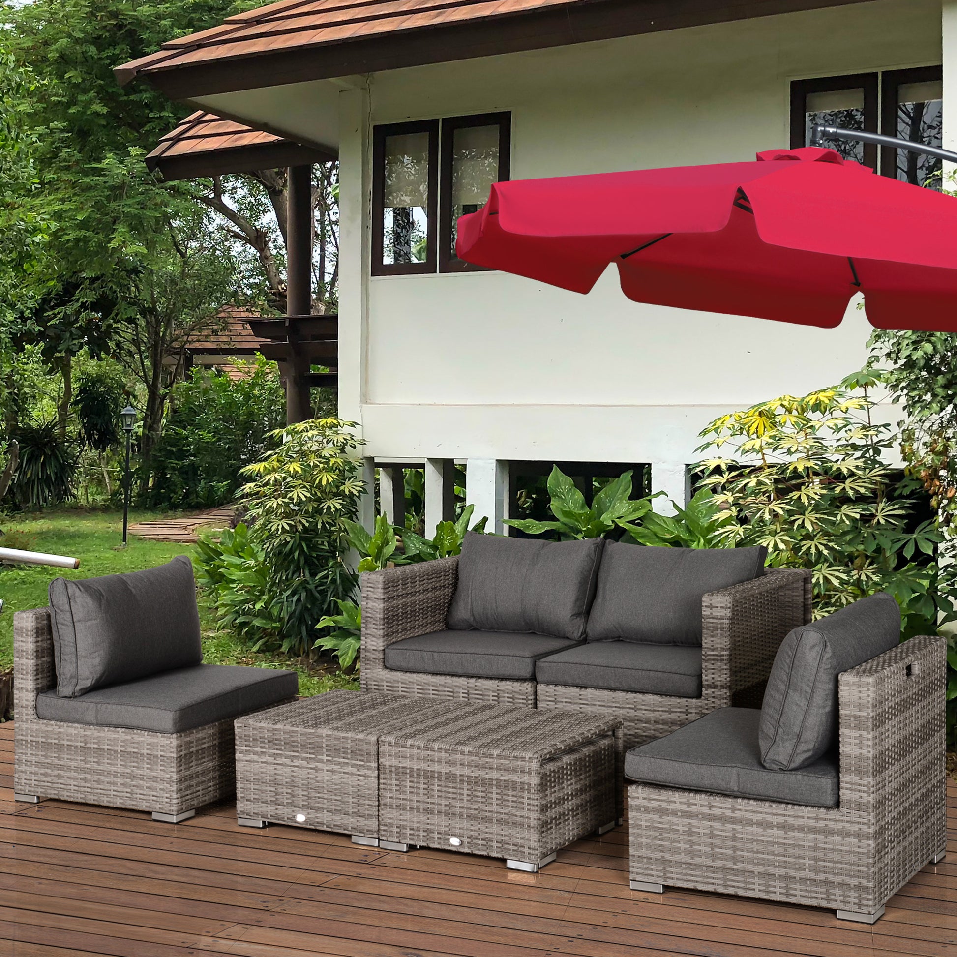 8-Piece PE Rattan Outdoor Lounge Set, Space-Saving Garden Furniture with Armchairs, Coffee Tables, and Ottomans, Gray