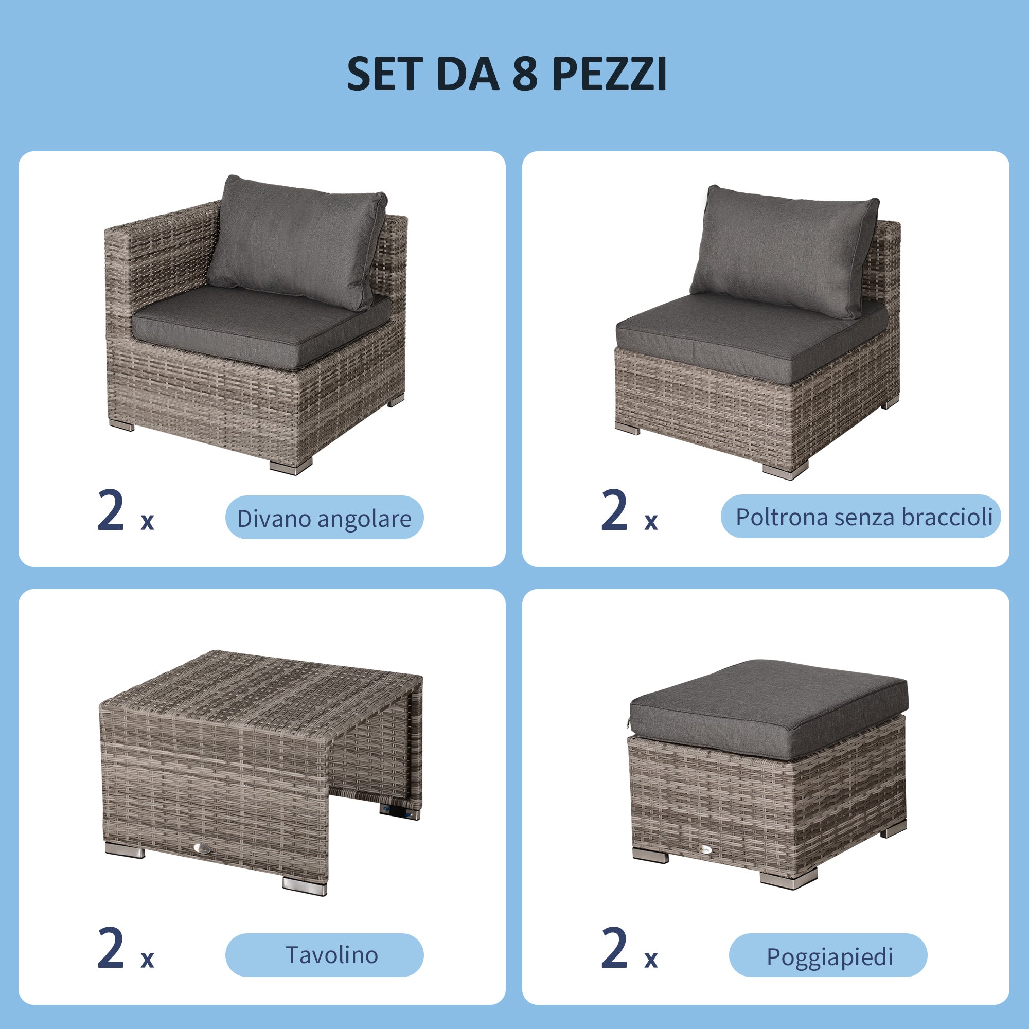 8-Piece PE Rattan Outdoor Lounge Set, Space-Saving Garden Furniture with Armchairs, Coffee Tables, and Ottomans, Gray