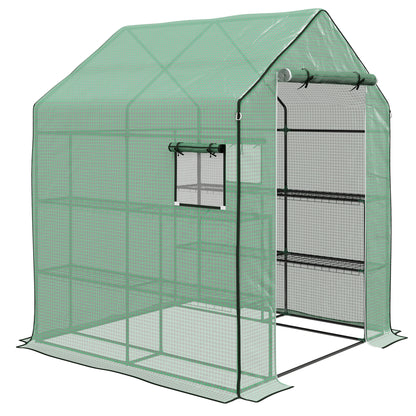 Garden Greenhouse with 3 Tiers Shelves, Balcony Greenhouse, Reinforced 135 g/m² tarpaulin, Steel Frame, Roll-up Zippered Door, for Vegetables Plants Flowers, 140x143x190cm, Green