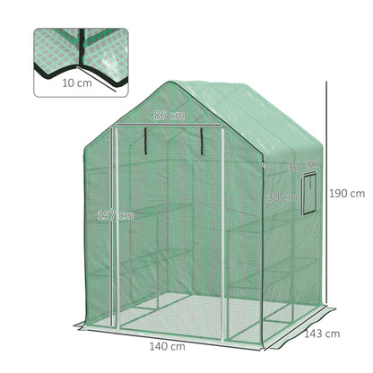Garden Greenhouse with 3 Tiers Shelves, Balcony Greenhouse, Reinforced 135 g/m² tarpaulin, Steel Frame, Roll-up Zippered Door, for Vegetables Plants Flowers, 140x143x190cm, Green