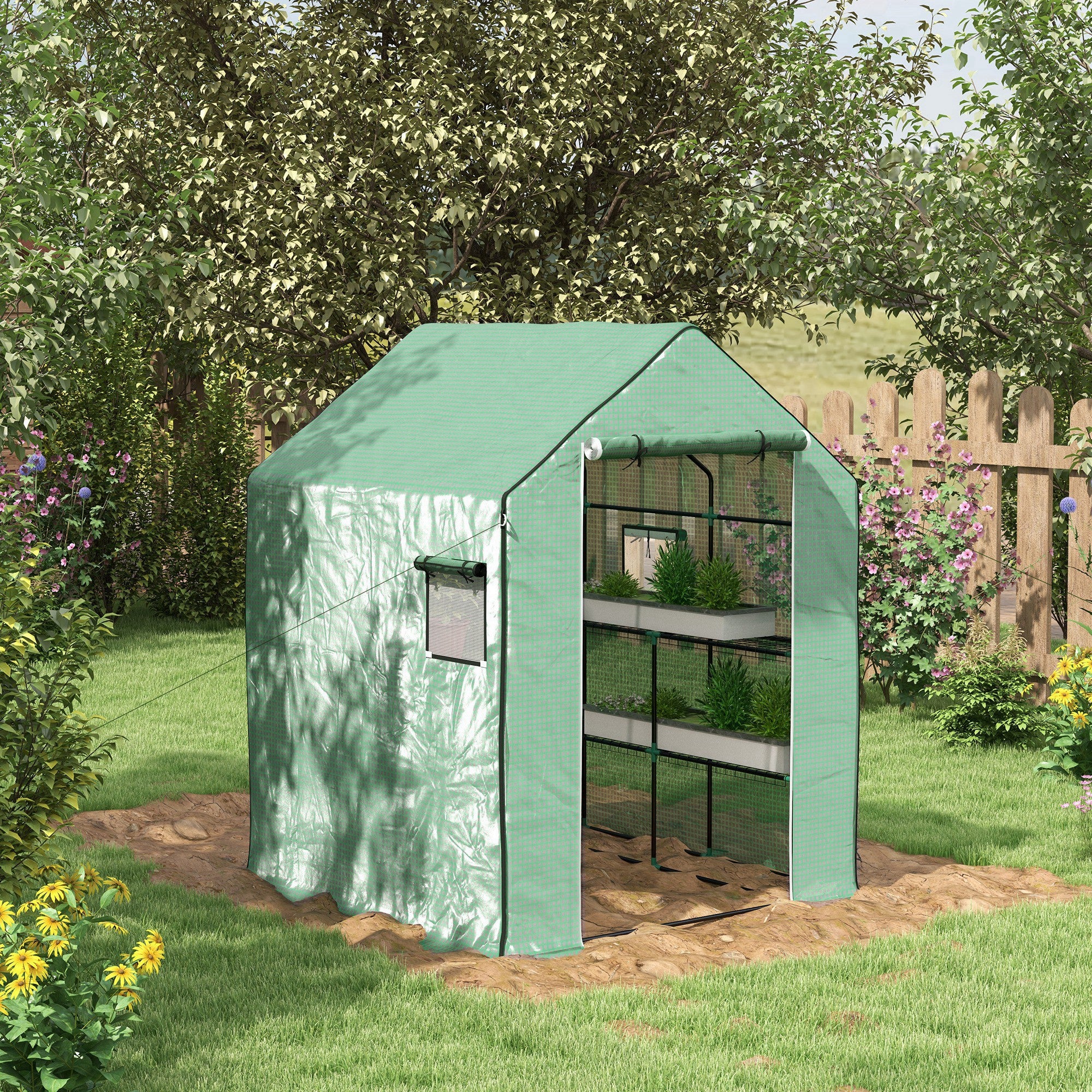 Garden Greenhouse with 3 Tiers Shelves, Balcony Greenhouse, Reinforced 135 g/m² tarpaulin, Steel Frame, Roll-up Zippered Door, for Vegetables Plants Flowers, 140x143x190cm, Green