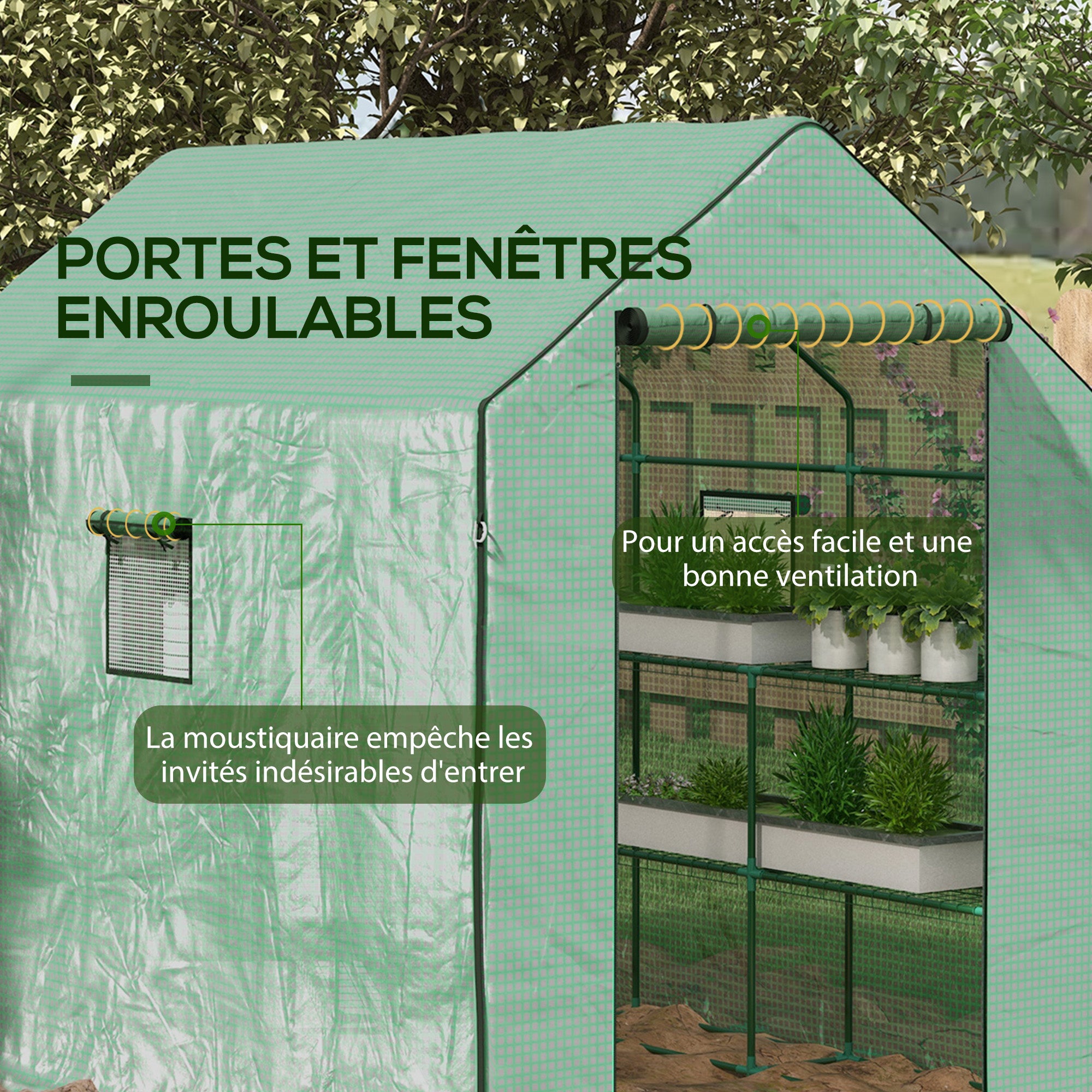 Garden Greenhouse with 3 Tiers Shelves, Balcony Greenhouse, Reinforced 135 g/m² tarpaulin, Steel Frame, Roll-up Zippered Door, for Vegetables Plants Flowers, 140x143x190cm, Green